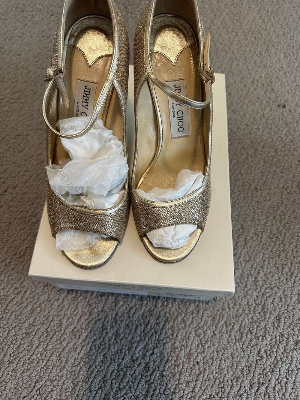 Jimmy Choo Metallic Gold Peep-Toe Mary Jane Heels